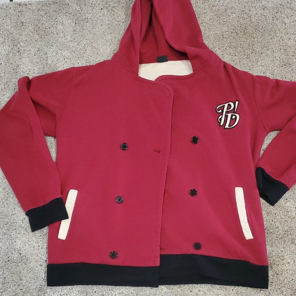 Red Double-Breasted Hoodie with Black Trim